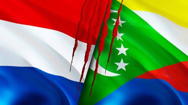Hollanda ve Komoros bayraklarında yara izi var. Dalgalanan bayrak, 3 boyutlu görüntüleme. Hollanda ve Komoros çatışma konsepti. Hollanda Komoros ilişkileri kavramı. Hollanda ve Komoro bayrağı