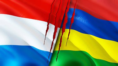 Lüksemburg ve Mauritius bayraklarında yara izi var. Dalgalanan bayrak, 3 boyutlu görüntüleme. Lüksemburg ve Mauritius çatışma konsepti. Lüksemburg Mauritius ilişkileri kavramı. Lüksemburg ve Mauritiu bayrağı