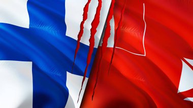 Finlandiya, Wallis ve Futuna bayraklarında yara izi var. Dalgalanan bayrak, 3 boyutlu görüntüleme. Finlandiya ve Wallis ve Futuna çatışma konsepti. Finlandiya Wallis ve Futuna ilişkileri kavramı. Finlandiya bayrağı