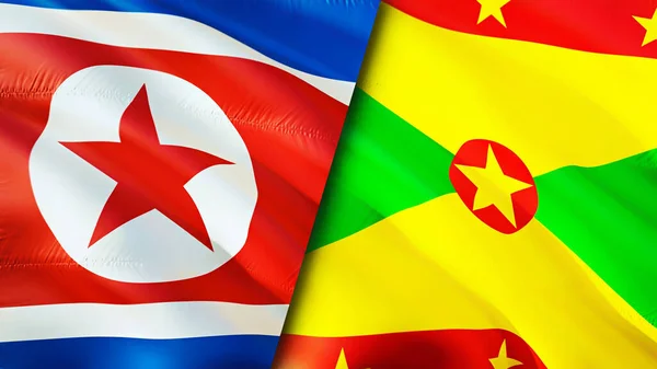 North Korea and Grenada flags. 3D Waving flag design. North Korea Grenada flag, picture, wallpaper. North Korea vs Grenada image,3D rendering. North Korea Grenada relations alliance an
