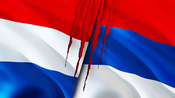 オランダとセルビアの国旗には傷の概念がある 旗を振って3Dレンダリング オランダとセルビアの紛争の概念 オランダセルビア関係の概念 オランダとセルビアの危機戦争の旗 — ストック写真
