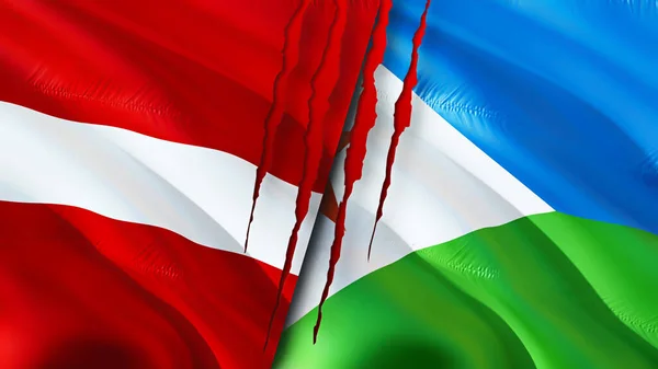 Latvia and Djibouti flags with scar concept. Waving flag,3D rendering. Latvia and Djibouti conflict concept. Latvia Djibouti relations concept. flag of Latvia and Djibouti crisis,war, attack concep