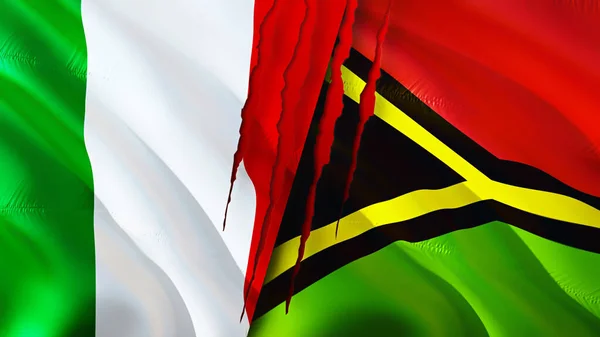 意大利和瓦努阿图国旗的疤痕概念 飘扬的旗帜 3D渲染 意大利和瓦努阿图冲突概念 意大利瓦努阿图关系概念 意大利国旗和瓦努阿图危机 — 图库照片