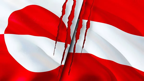 Greenland and Austria flags with scar concept. Waving flag,3D rendering. Greenland and Austria conflict concept. Greenland Austria relations concept. flag of Greenland and Austria crisis,war, attac