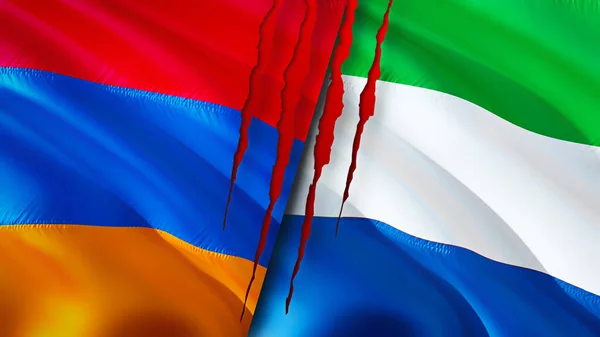 亚美尼亚和塞拉利昂带有伤疤概念的国旗 飘扬的旗帜 3D渲染 亚美尼亚和塞拉利昂冲突概念 亚美尼亚塞拉利昂关系概念 亚美尼亚和塞拉利昂的国旗 — 图库照片