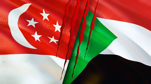 Singapore and Sudan flags with scar concept. Waving flag,3D rendering. Singapore and Sudan conflict concept. Singapore Sudan relations concept. flag of Singapore and Sudan crisis,war, attack concep