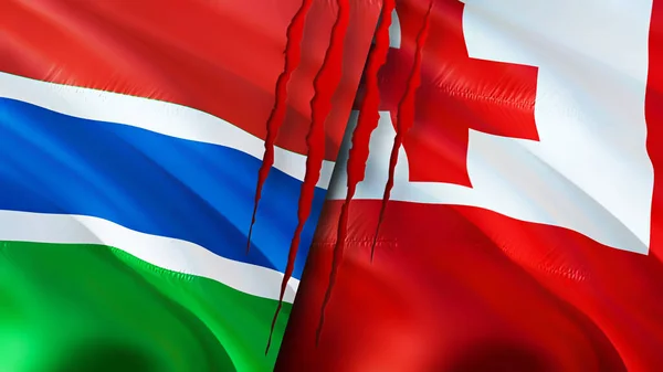 Gambia and Tonga flags with scar concept. Waving flag,3D rendering. Gambia and Tonga conflict concept. Gambia Tonga relations concept. flag of Gambia and Tonga crisis,war, attack concep