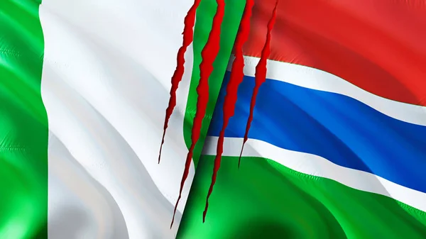 Nigeria Und Gambia Flaggen Mit Narbenkonzept Fahnenschwenken Rendering Nigeria Und — Stockfoto