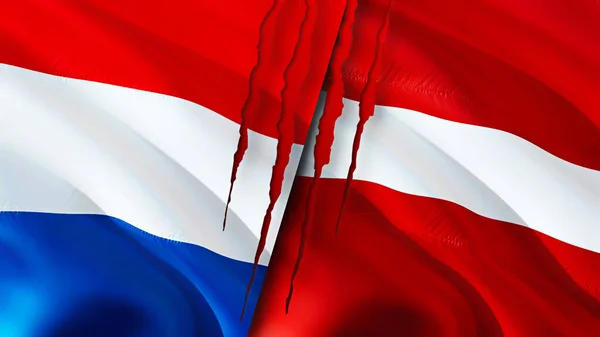 Nederland Letland Vlaggen Met Litteken Concept Wuivende Vlag Weergave Nederland — Stockfoto