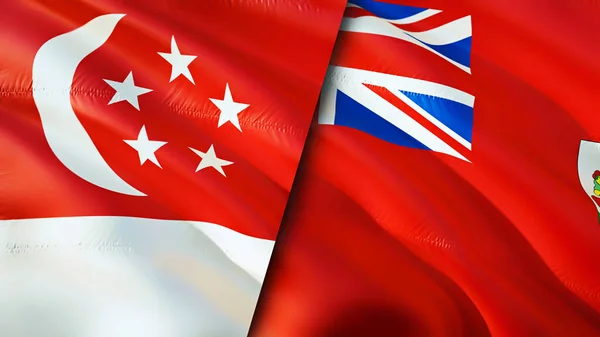 新加坡和百慕大的国旗 3D波浪旗帜设计 新加坡 百慕大国旗 新加坡对百慕大图像 3D渲染 新加坡百慕大关系联盟与贸易 — 图库照片