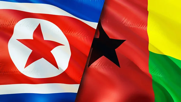 North Korea and Guinea Bissau flags. 3D Waving flag design. North Korea Guinea Bissau flag, picture, wallpaper. North Korea vs Guinea Bissau image,3D rendering. North Korea Guinea Bissau relation