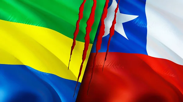 Gabon and Chile flags with scar concept. Waving flag,3D rendering. Gabon and Chile conflict concept. Gabon Chile relations concept. flag of Gabon and Chile crisis,war, attack concep