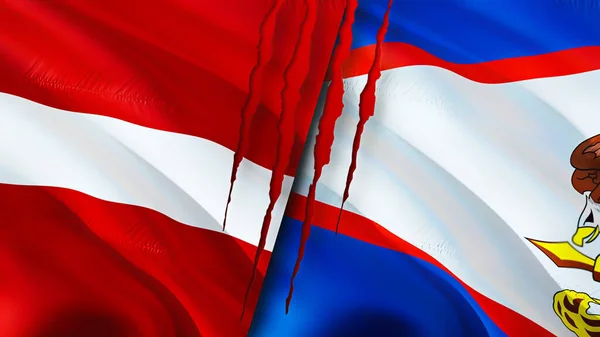 Latvia and American Samoa flags with scar concept. Waving flag,3D rendering. Latvia and American Samoa conflict concept. Latvia American Samoa relations concept. flag of Latvia and American Samo