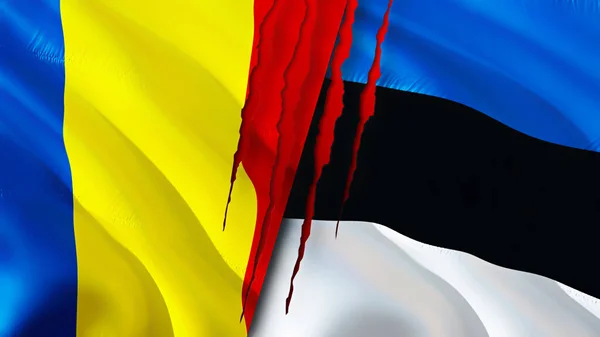 Rumanía Estonia Banderas Con Concepto Cicatriz Bandera Ondeante Representación Concepto —  Fotos de Stock