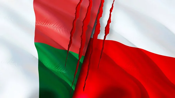 Madagascar and Poland flags with scar concept. Waving flag,3D rendering. Madagascar and Poland conflict concept. Madagascar Poland relations concept. flag of Madagascar and Poland crisis,war, attac