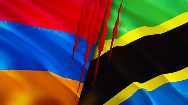 Armenia Tanzania Banderas Con Concepto Cicatriz Bandera Ondeante Representación Armenia — Foto de Stock