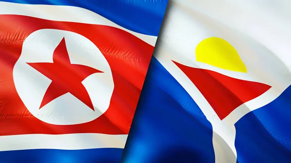 North Korea and Saint Martin flags. 3D Waving flag design. North Korea Saint Martin flag, picture, wallpaper. North Korea vs Saint Martin image,3D rendering. North Korea Saint Martin relation