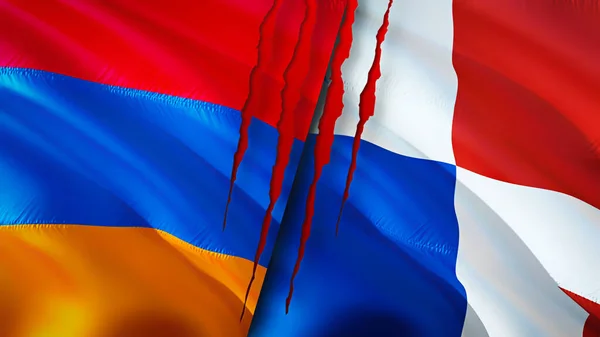 亚美尼亚和巴拿马的国旗带有伤疤概念 飘扬的旗帜 3D渲染 亚美尼亚和巴拿马冲突概念 亚美尼亚 巴拿马关系概念 亚美尼亚和巴拿马的国旗危机 — 图库照片