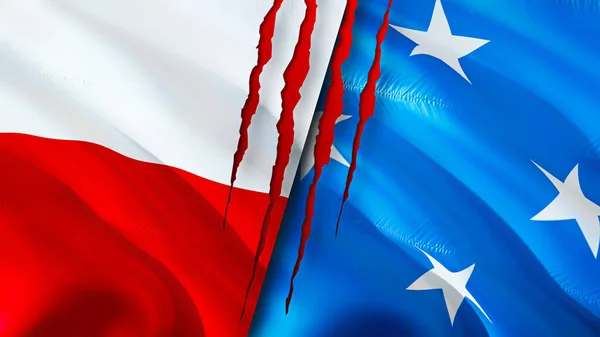 Poland and Micronesia flags with scar concept. Waving flag,3D rendering. Poland and Micronesia conflict concept. Poland Micronesia relations concept. flag of Poland and Micronesia crisis,war, attac