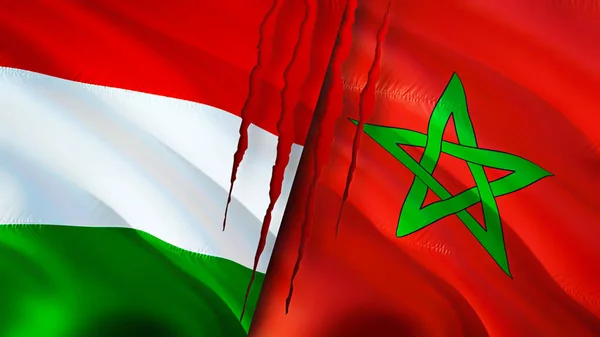 匈牙利和摩洛哥的国旗带有伤疤概念 飘扬的旗帜 3D渲染 匈牙利和摩洛哥冲突概念 匈牙利摩洛哥关系概念 匈牙利和摩洛哥国旗危机 — 图库照片