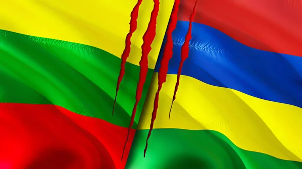 立陶宛和毛里求斯国旗的疤痕概念 飘扬的旗帜 3D渲染 立陶宛和毛里求斯冲突概念 立陶宛 毛里求斯关系概念 立陶宛国旗和立陶宛国旗 — 图库照片
