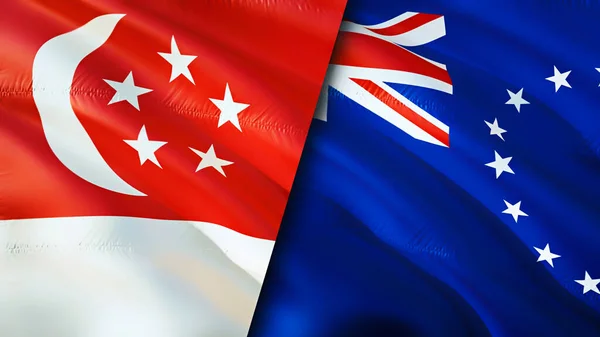 新加坡和库克群岛的国旗 3D波浪旗帜设计 新加坡库克群岛国旗 新加坡对库克群岛的图像 3D渲染 新加坡库克群岛关系联盟 — 图库照片