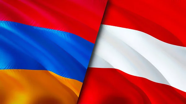 Armenia and Austria flags. 3D Waving flag design. Armenia Austria flag, picture, wallpaper. Armenia vs Austria image,3D rendering. Armenia Austria relations alliance and Trade,travel,tourism