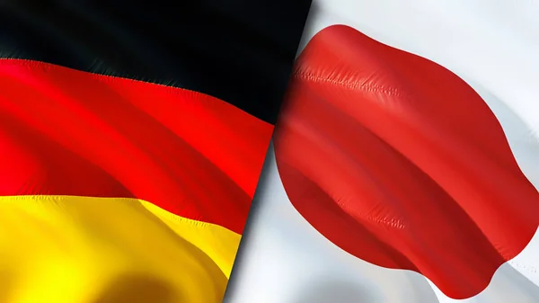 Germany and Japan flags. 3D Waving flag design. Germany Japan flag, picture, wallpaper. Germany vs Japan image,3D rendering. Germany Japan relations alliance and Trade,travel,tourism concep