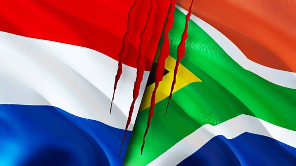Netherlands and South Africa flags with scar concept. Waving flag,3D rendering. Netherlands and South Africa conflict concept. Netherlands South Africa relations concept. flag of Netherlands an