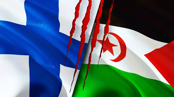 Finland and Western Sahara flags with scar concept. Waving flag,3D rendering. Finland and Western Sahara conflict concept. Finland Western Sahara relations concept. flag of Finland and Wester
