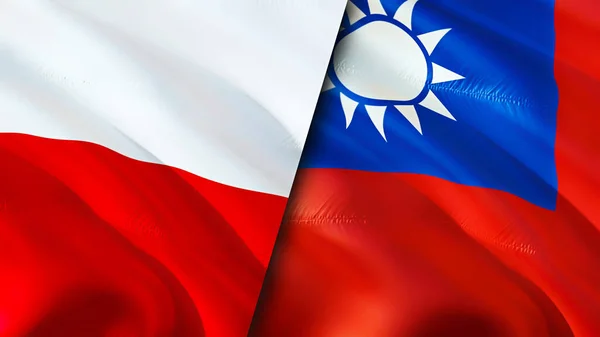 Poland and Taiwan flags. 3D Waving flag design. Poland Taiwan flag, picture, wallpaper. Poland vs Taiwan image,3D rendering. Poland Taiwan relations alliance and Trade,travel,tourism concep