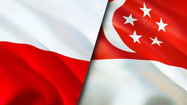 Poland and Singapore flags. 3D Waving flag design. Poland Singapore flag, picture, wallpaper. Poland vs Singapore image,3D rendering. Poland Singapore relations alliance and Trade,travel,touris