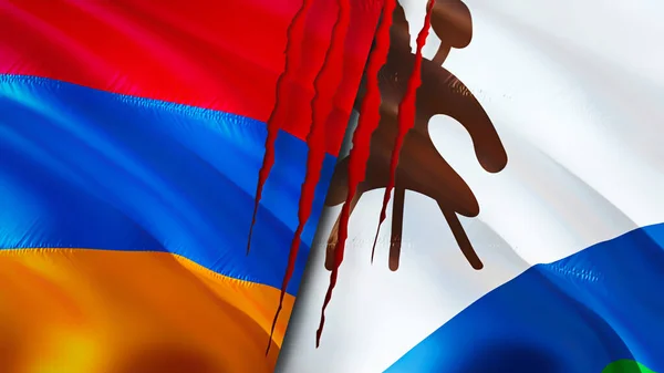 亚美尼亚和莱索托在国旗上印有伤疤的概念 飘扬的旗帜 3D渲染 亚美尼亚和莱索托冲突概念 亚美尼亚莱索托关系概念 亚美尼亚和莱索托的国旗危机 — 图库照片