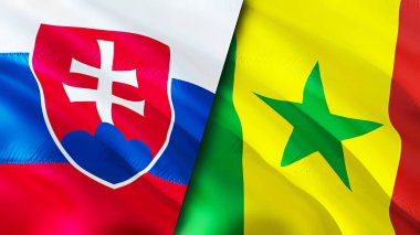 Slovakya ve Senegal bayrakları. 3 boyutlu dalgalanan bayrak tasarımı. Slovakya Senegal bayrağı, resim, duvar kağıdı. Slovakya, Senegal imajına karşı, 3D görüntüleme. Slovakya Senegal ilişkileri ittifak ve ticaret, seyahat, turnuva