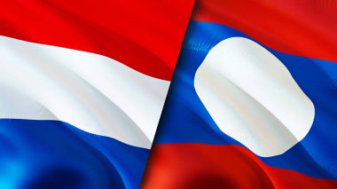 Hollanda ve Laos bayrakları. 3 boyutlu dalgalanan bayrak tasarımı. Hollanda Laos bayrağı, resim, duvar kağıdı. Hollanda, Laos 'a karşı, görüntü 3D. Hollanda Laos ilişkileri ittifak ve ticaret, seyahat, turnuva