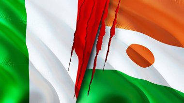 Yara izi olan İtalya ve Nijer bayrakları. Dalgalanan bayrak, 3 boyutlu görüntüleme. İtalya ve Nijer çatışma konsepti. İtalya Nijer İlişkileri. İtalya ve Nijer bayrağı krizi, savaş, saldırı konsepti