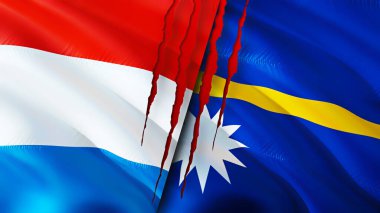 Lüksemburg ve yara izi olan Nauru bayrakları. Dalgalanan bayrak, 3 boyutlu görüntüleme. Lüksemburg ve Nauru çatışma konsepti. Lüksemburg Nauru ilişkileri kavramı. Lüksemburg bayrağı ve Nauru krizi, savaş, attac