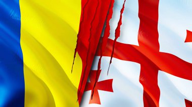 Romanya ve Gürcistan yara izi kavramına sahip bayraklar. Dalgalanan bayrak, 3 boyutlu görüntüleme. Romanya ve Gürcistan ihtilafı. Romanya Gürcistan ilişkileri. Romanya ve Gürcistan 'ın bayrağı kriz, savaş, saldırı konsepti