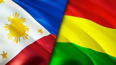 Filipinler ve Bolivya bayrakları. 3 boyutlu dalgalanan bayrak tasarımı. Filipinler Bolivya bayrağı, resim, duvar kağıdı. Filipinler, Bolivya imajına karşı, 3 boyutlu canlandırma. Filipinler Bolivya ilişkileri