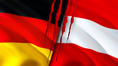 Almanya ve Avusturya yara izi kavramına sahip bayraklar. Dalgalanan bayrak, 3 boyutlu görüntüleme. Almanya ve Avusturya çatışma konsepti. Almanya Avusturya ilişkileri kavramı. Almanya ve Avusturya bayrağı krizi, savaş, saldırı konsepti