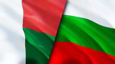 Madagaskar ve Bulgaristan bayrakları. 3 boyutlu dalgalanan bayrak tasarımı. Madagaskar Bulgaristan bayrağı, resmi, duvar kağıdı. Madagaskar, Bulgaristan 'a karşı imaj, 3D görüntüleme. Madagaskar Bulgaristan ilişkileri bir ittifak