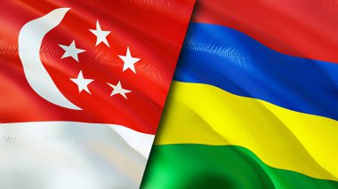 Singapur ve Mauritius bayrakları. 3 boyutlu dalgalanan bayrak tasarımı. Singapur Mauritius bayrağı, resim, duvar kağıdı. Singapur, Mauritius 'a karşı, görüntü 3 boyutlu. Singapur Mauritius ilişkiler ittifakı