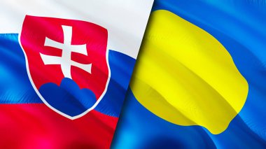 Slovakya ve Palau bayrakları. 3 boyutlu dalgalanan bayrak tasarımı. Slovakya Palau bayrağı, resim, duvar kağıdı. Slovakya, Palau 'ya karşı, görüntü 3 boyutlu. Slovakya Palau ilişkileri ittifak ve ticaret, seyahat, turizm konsepti