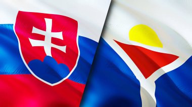 Slovakya ve Saint Martin bayrakları. 3 boyutlu dalgalanan bayrak tasarımı. Slovakya Saint Martin bayrağı, resim, duvar kağıdı. Slovakya, Saint Martin imajına karşı, 3 boyutlu canlandırma. Slovakya Saint Martin ilişkileri