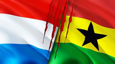 Lüksemburg ve Gana bayrakları ve yara izi konsepti. Dalgalanan bayrak, 3 boyutlu görüntüleme. Lüksemburg ve Gana çatışma konsepti. Lüksemburg Gana ilişkileri kavramı. Lüksemburg bayrağı ve Gana krizi, savaş, attac