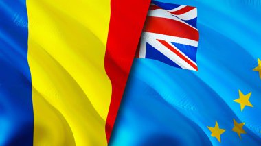 Romanya ve Tuvalu bayrakları. 3 boyutlu dalgalanan bayrak tasarımı. Romanya Tuvalu bayrağı, resim, duvar kağıdı. Romanya Tuvalu 'ya karşı imaj, 3D görüntüleme. Romanya Tuvalu ilişkileri ittifak ve ticaret, seyahat ve turizm consepti