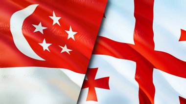 Singapur ve Georgia bayrakları. 3 boyutlu dalgalanan bayrak tasarımı. Singapur Georgia bayrağı, resim, duvar kağıdı. Singapur, Georgia 'ya karşı, görüntü 3D. Singapur Gürcistan ilişkileri ittifak ve ticaret, seyahat, turnuva