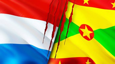 Yara izi olan Lüksemburg ve Grenada bayrakları. Dalgalanan bayrak, 3 boyutlu görüntüleme. Lüksemburg ve Grenada çatışma konsepti. Lüksemburg Grenada ilişkileri kavramı. Lüksemburg bayrağı ve Grenada krizi, savaş