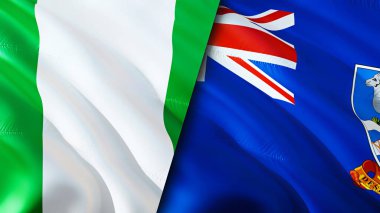 Nijerya ve Falkland Adaları bayrakları. 3 boyutlu dalgalanan bayrak tasarımı. Nijerya Falkland Adaları bayrağı, resim, duvar kağıdı. Nijerya, Falkland Adaları 'na karşı. Görüntü 3D. Nijerya Falkland Adaları ilişkisi