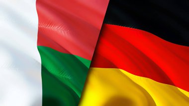Madagaskar ve Almanya bayrakları. 3 boyutlu dalgalanan bayrak tasarımı. Madagaskar Almanya bayrağı, resim, duvar kağıdı. Madagaskar, Almanya 'ya karşı. Görüntü 3 boyutlu. Madagaskar Almanya İttifakı